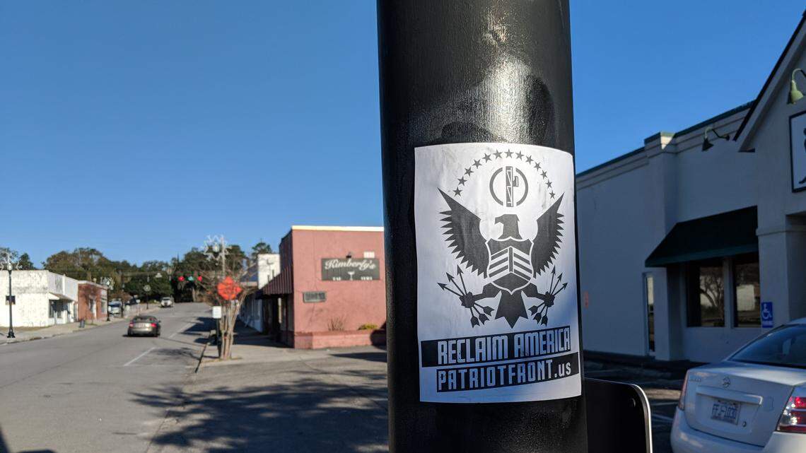 Flyers for the white supremacist Patriot Front group appeared on the streets of Conway.