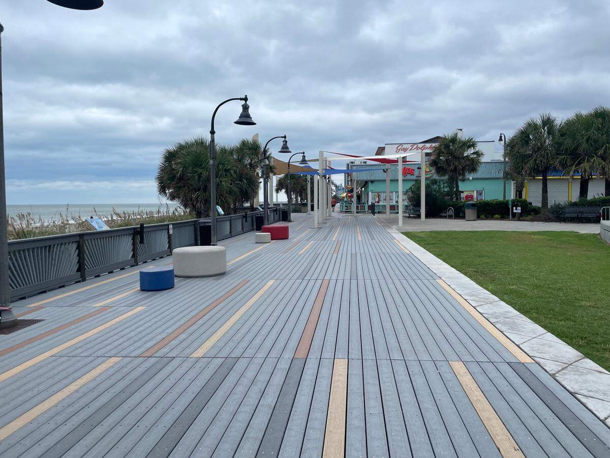 The Myrtle Beach Boardwalk following Tropical Storm Idalia. Downtown Myrtle Beach sustained little damage following the storm. Aug. 31, 2023.
