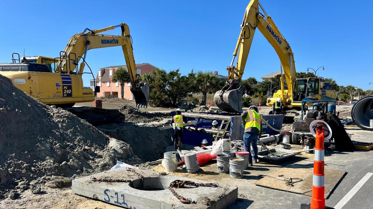 Ocean Boulevard construction near 18th Avenue in North Myrtle Beach is on going frequently causing two lanes of the busy roadway to be closed. An cean outfall project that would take ground water out to sea in nearing completion. March 11, 2025.