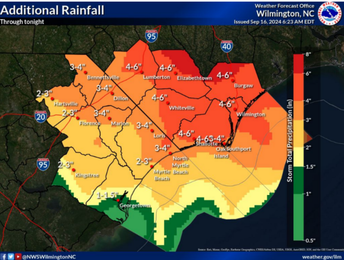 A map of predicted rainfall across parts of North and South Carolina through Sept. 16. The Myrtle Beach area is expected to get 2 to 4 inches of rain.