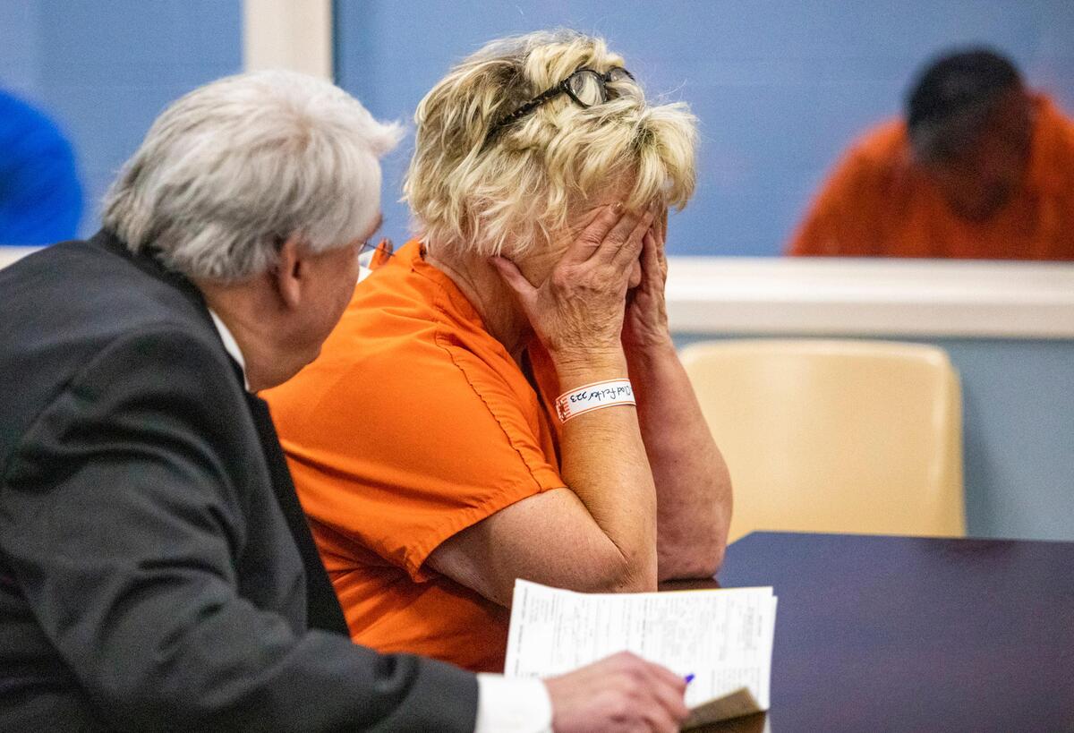 Irene Clodfelter weeps quietly in at her bond hearing at the J. Reuben Long Detention Center in Conway.