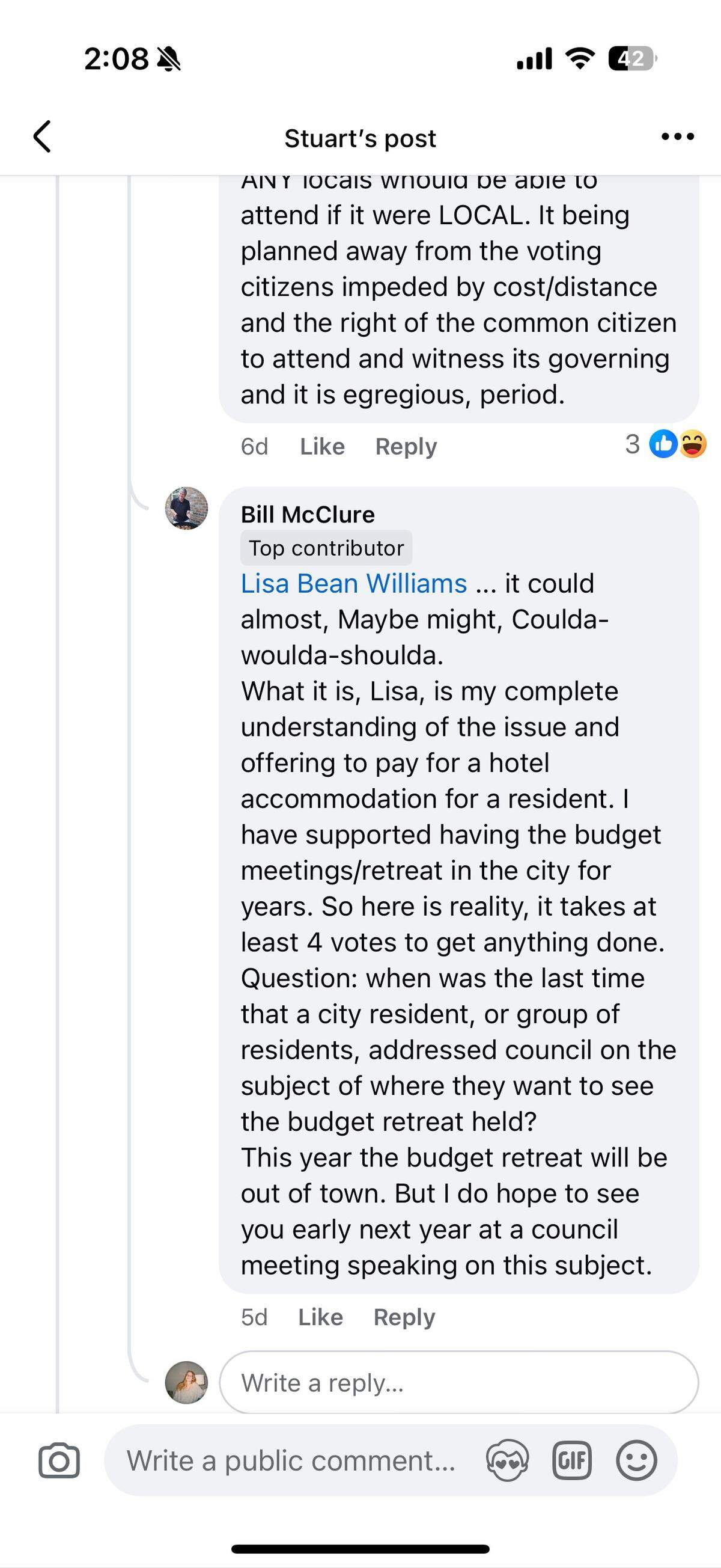 A screenshot from a local Facebook group where Myrtle Beach City Councilmember Bill McClure said he would pay for hotel rooms for people to attend the city’s annual budget retreat.