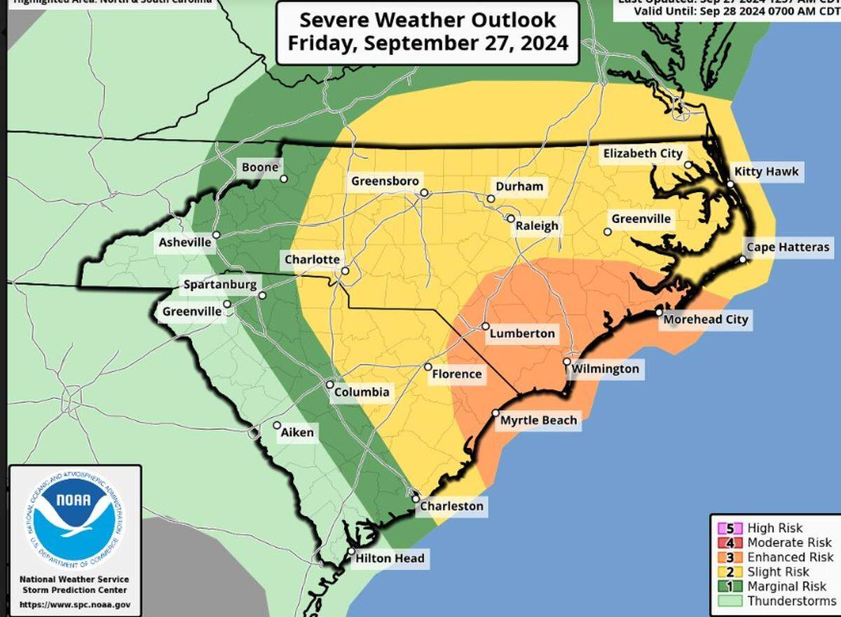 The National Weather Service predicts strong winds and heavy rain Friday morning for the Myrtle Beach area.