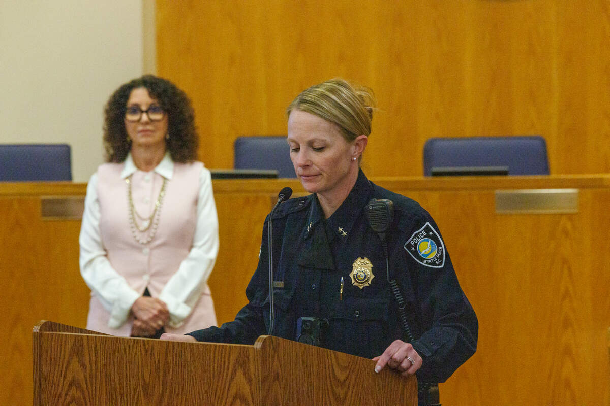 Myrtle Beach Police Department Chief Amy Prock reads from a written statement at a press conference on April 30, 2025.