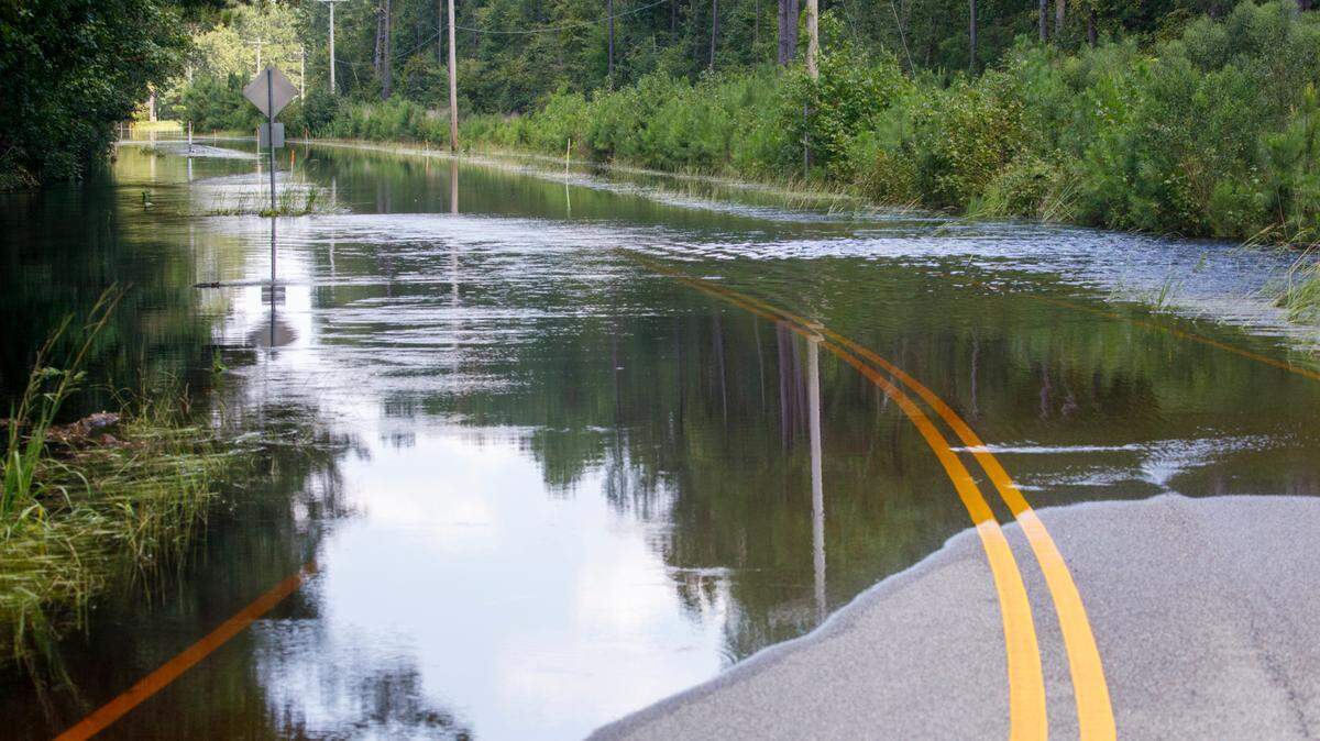 Flood waters cover Pitch Landing Road near Conway. The Waccamaw River at Conway reached the major flood stage of over 14 feet on Friday following Tropical Storm Debby’s rains. The river is expected to crest this weekend. Aug. 16, 2024.