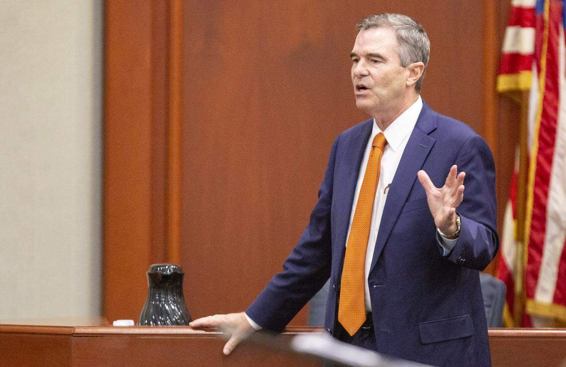 Attorney Greg McCollum delivers cloinsg arguments on behalf of Tammy Moorer Monday at the Horry County courthouse. Moorer is being tried for kidnapping and conspiracy in relation to the 2013 disappearance of Heather Elvis.