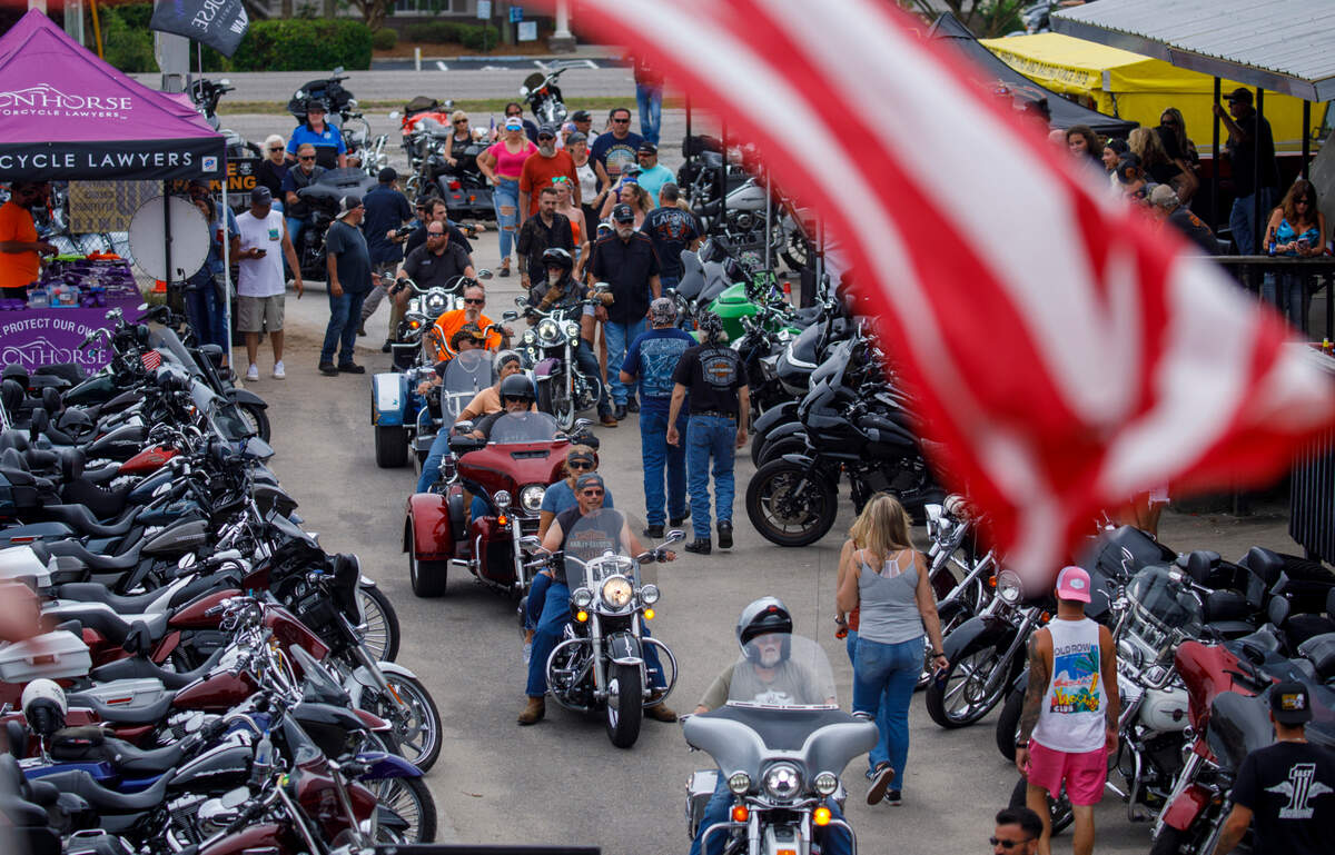 Bikers hang out at Spokes and Bones Saloon in Murrells Inlet, S.C. on Friday during the 2024 Myrtle Beach Spring Rally. May 17, 2024.