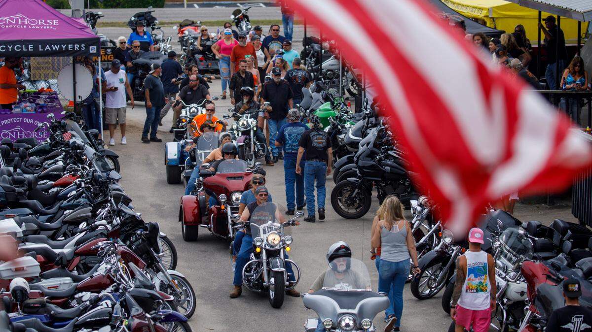 Bikers hang out at Spokes and Bones Saloon in Murrells Inlet, S.C. on Friday during the 2024 Myrtle Beach Spring Rally. May 17, 2024.