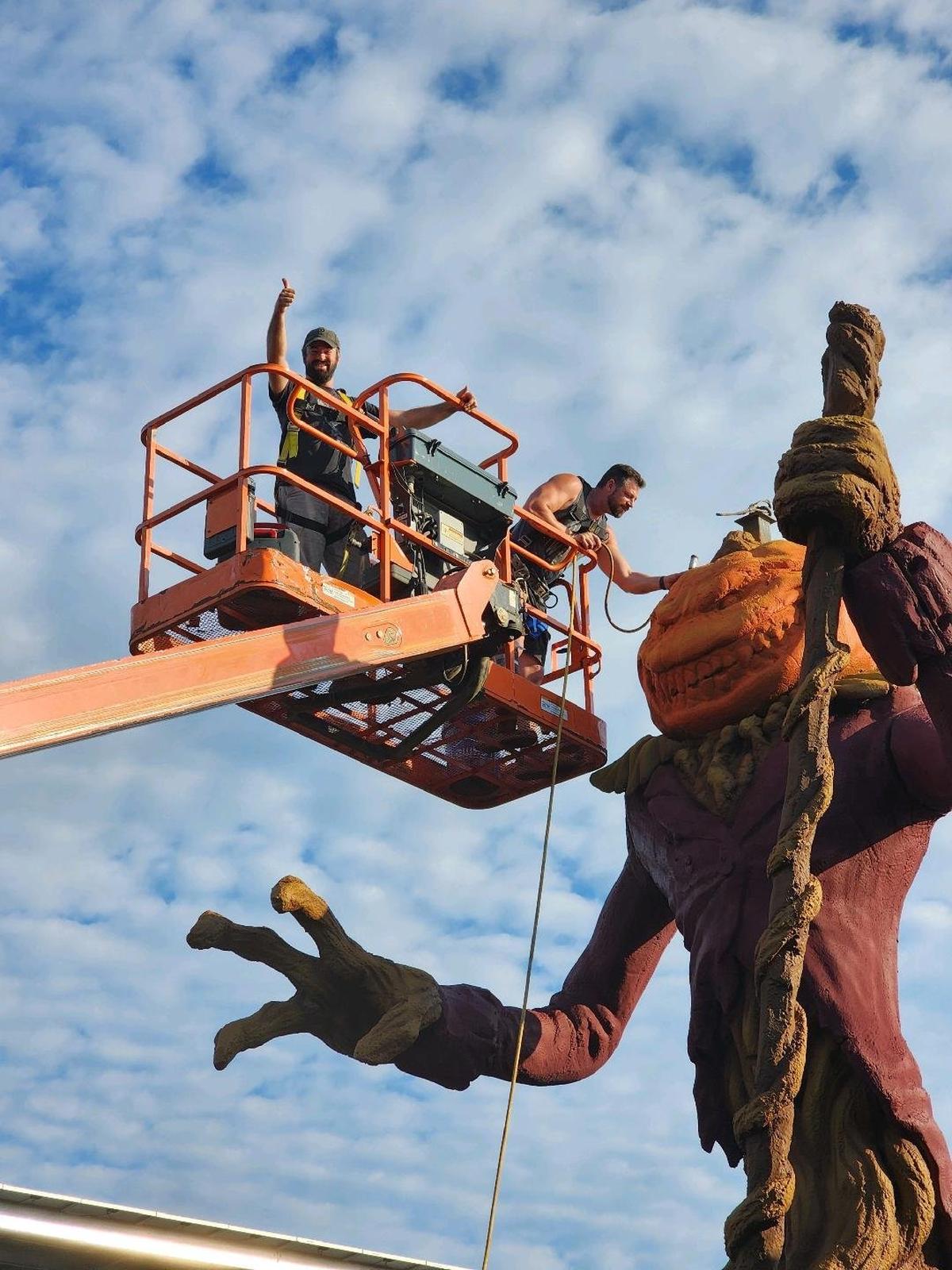 Large scaled halloween themed sculptures are placed at Six Flags theme parks by Little Spider Creations staff. The Loris, SC based business does large scale theming. The artistic, often spooky sculptures have been used in major theme parks and in television and movie productions. Sept. 20, 2024.