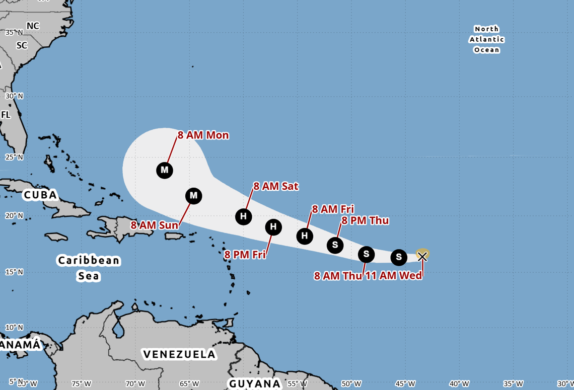 The predicted path for Tropical Storm Erin as of Aug. 13. Erin is expected to turn into a hurricane near the Caribbean then veer north and stay in the ocean.