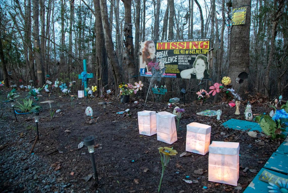 The memorial for Heather Elvis sits at Peachtree Landing in Socastee on Tuesday night.