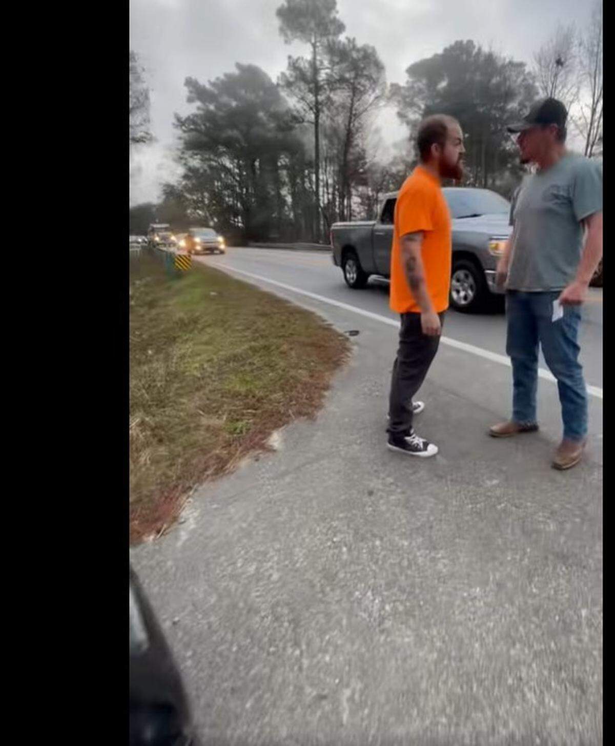 Elijaih Thurman Taylor, left, and Paul Greenwood, can be seen in a video screenshot facing off with one other at the scene of an accident along Highway 90 in the Longs area on Tuesday, Jan. 6, 2026. The heated exchange ended with Taylor allegedly shooting Greenwood to death.