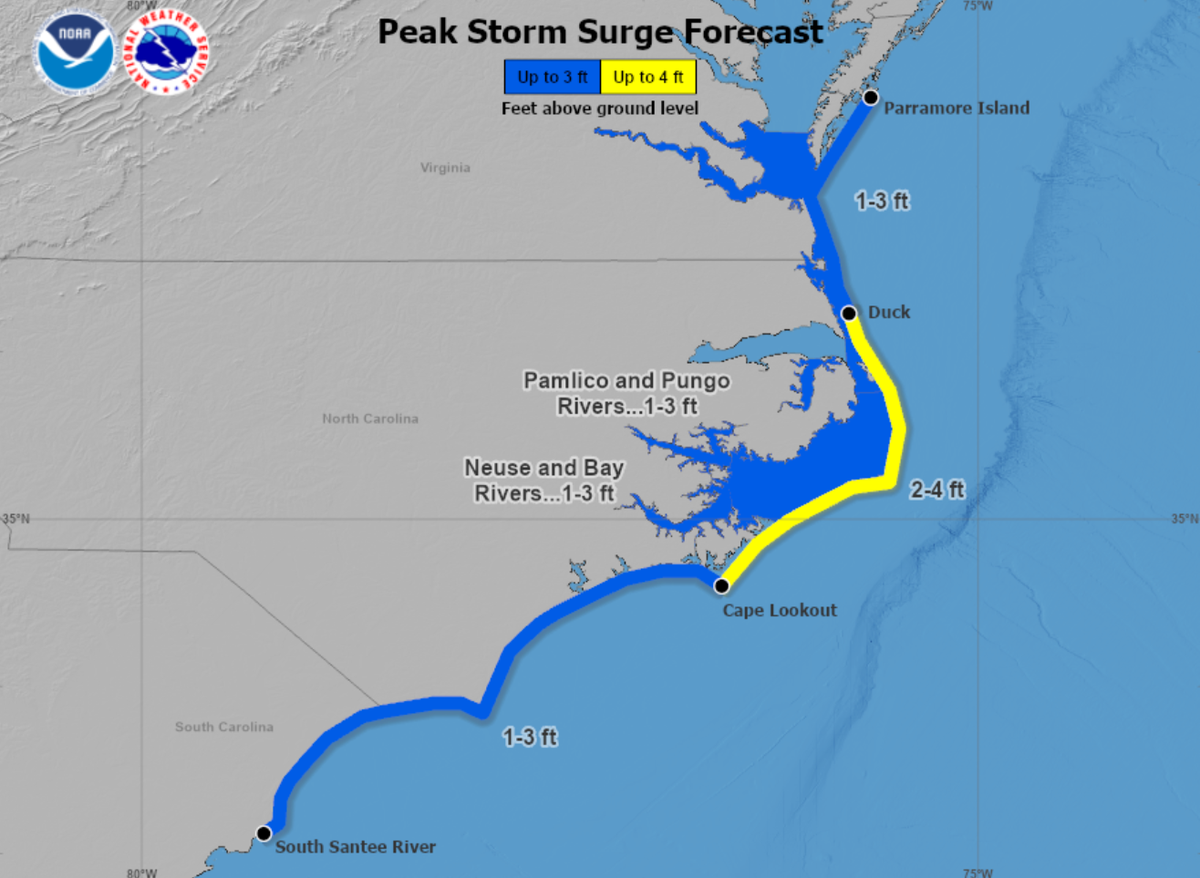 South Carolina’s northern coast could see peak storm surges up to 3 feet above ground level. via the National Hurricane Center