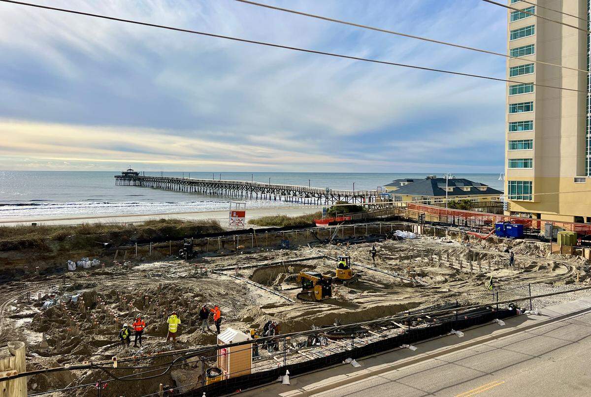 Work has begun on a new oceanfront Hampton Inn & Suites that will be located near the Cherry Grove Pier in North Myrtle Beach, SC.