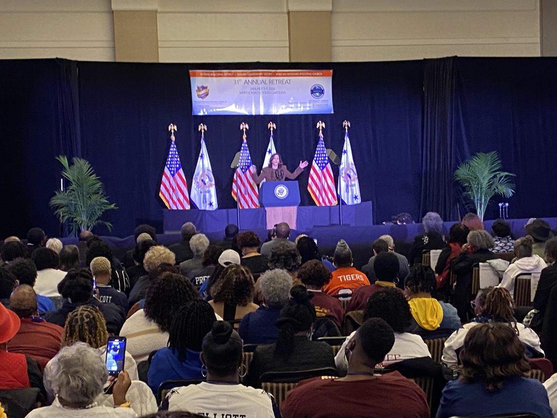 Kamala Harris in the Hilton Myrtle Beach Resort Ballroom on Jan. 6 2024. She was spoke at the Seventh Episcopal District African Methodist Episcopal Church Women’s Missionary Society annual retreat.