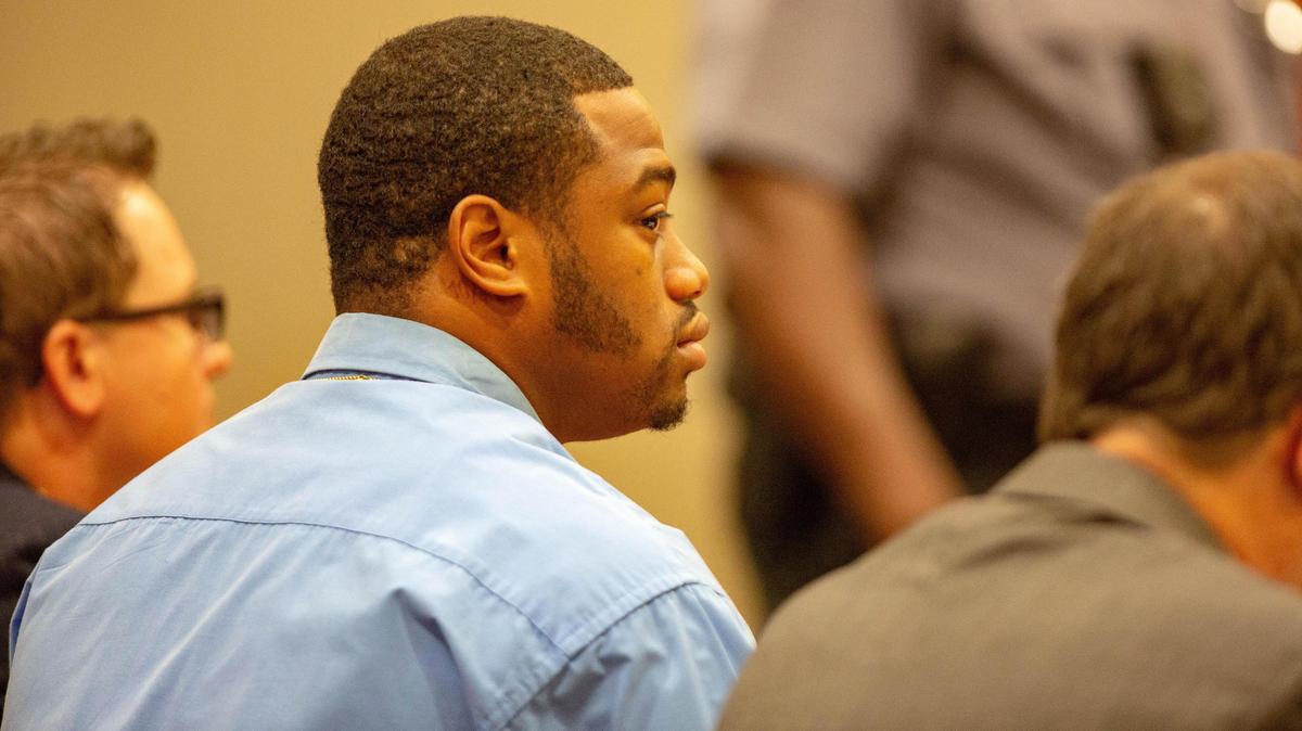 Meleke Stewart listens as solicitor Jonathan Miles delivers opening statements Wednesday at the Horry County courthouse. Stewart was convicted of murder and other charges Thursday in the shooting death of 34-year-old Alton Daniels in June 2014.