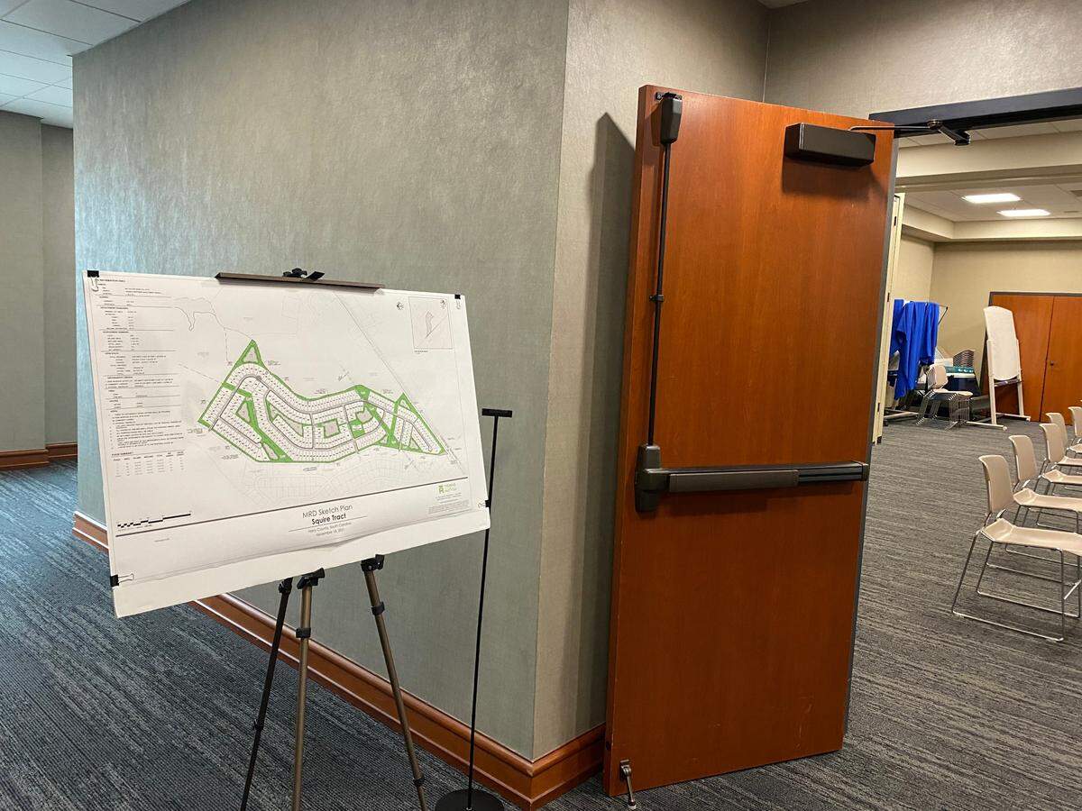 Plans for a new Loris-area subdivision are displayed at the Horry County Government and Justice Center in Conway ahead of a public meeting.