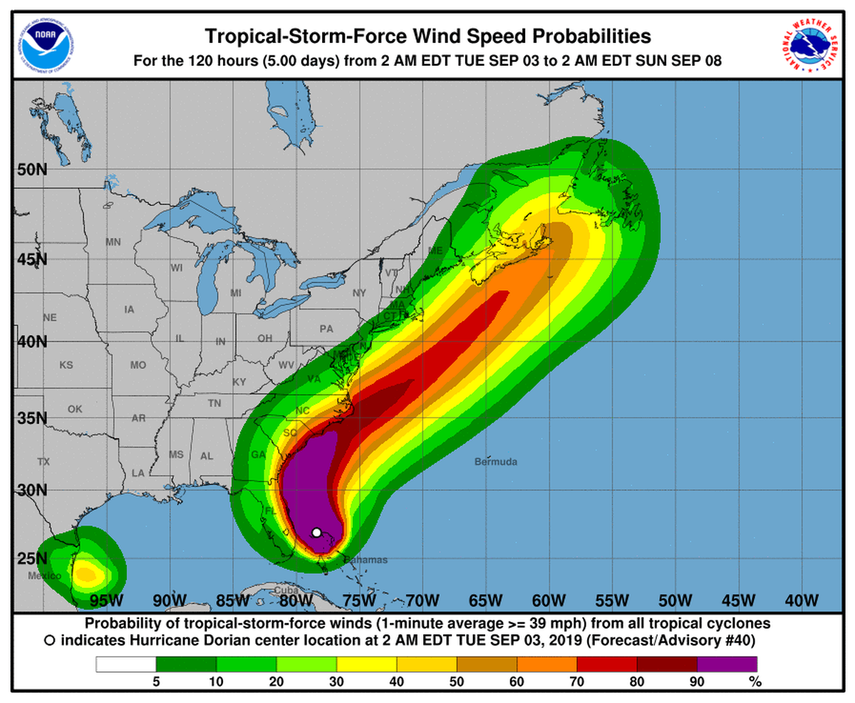 Tropical-storm-force wind speed possibilities for Hurricane Dorian. Sept. 3, 2019