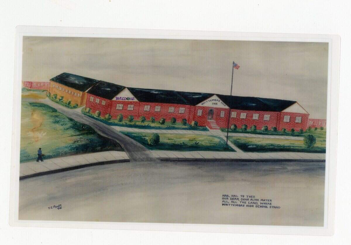 A photo of Whittemore High School, with an attached poem to the school. The school was originally founded by a man from Boston.