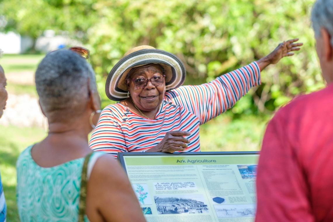 Naomi Bethea, talks to guests about the history of agriculture at the Ark Planation after the unveiling of historical plaques on the site. The Town of Surfside Beach, with assistance from the Surfside Beach Historical Society, unveiled historical plaques that provide visitors to the Ark Plantation site with information about the area’s cultural significance. May 03, 2022.