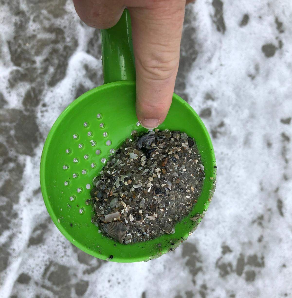 Robin Smith of Carolina Forest points to a hard-to-find shark tooth near the 20th Ave. S. beach access in Myrtle Beach, S.C. May 29, 2023.