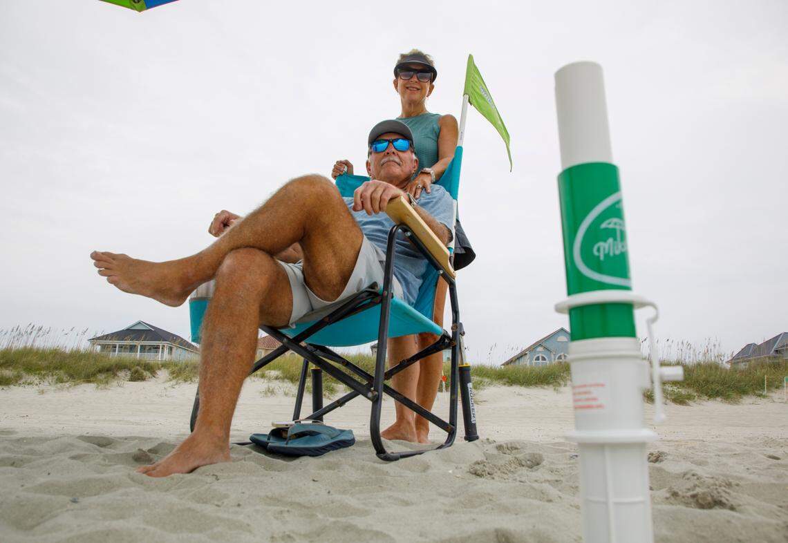 North Myrtle Beach couple Mike Haney and his wife Cathy came up with the idea of the Mike’s Spikes umbrella anchor while sitting on the beach on Easter weekend in 2006. They have sold more than 60,000 units of the invention. July 29, 2024.