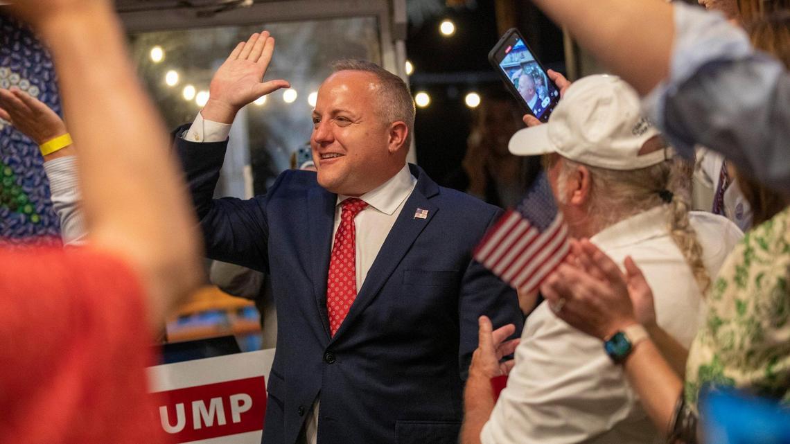Russell Fry celebrates his win over U.S. Rep. Tom Rice at the 8th Avenue Tiki Bar in Myrtle Beach. South Carolina state Representative Russell Fry defeated U.S. Rep. Tom Rice for his congressional seat on Tuesday. Unofficial results on Tuesday showed Fry winning 51% of the vote in the GOP primary, enough to beat Rice and avoid a run-off election against him. June 14, 2022.