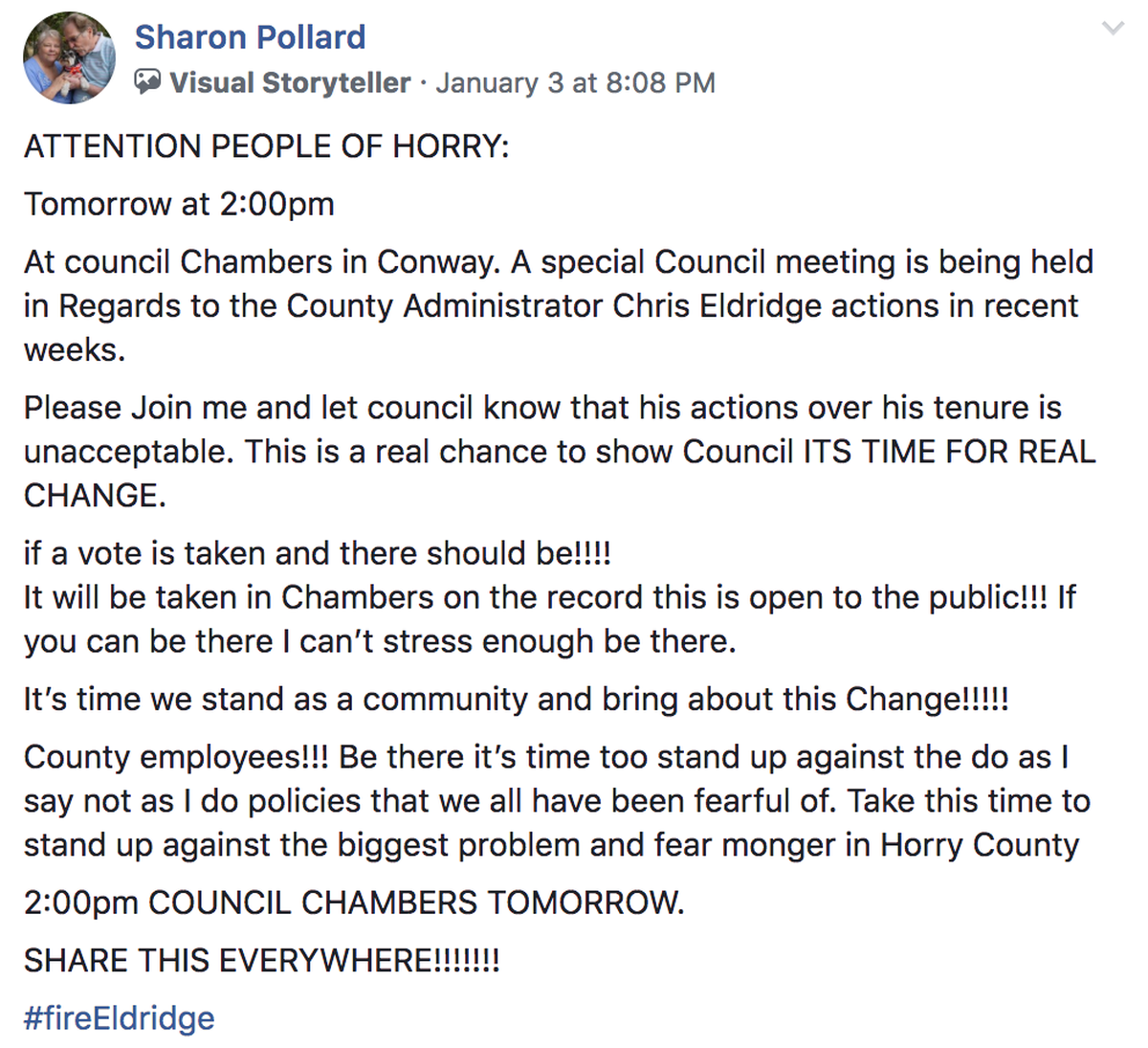 A post in an unofficial Horry County Republican page asks people to call their council members asking for County Administrator Chris Eldridge to be fired.