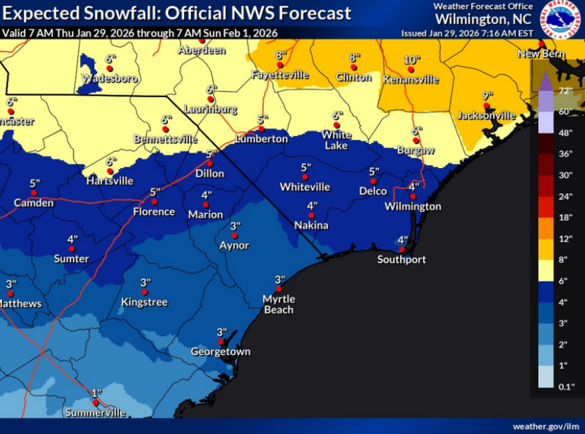 A map of projected snowfall in the Myrtle Beach area from Thursday to Sunday shows that Myrtle Beach and Georgetown may be on track to see flakes.