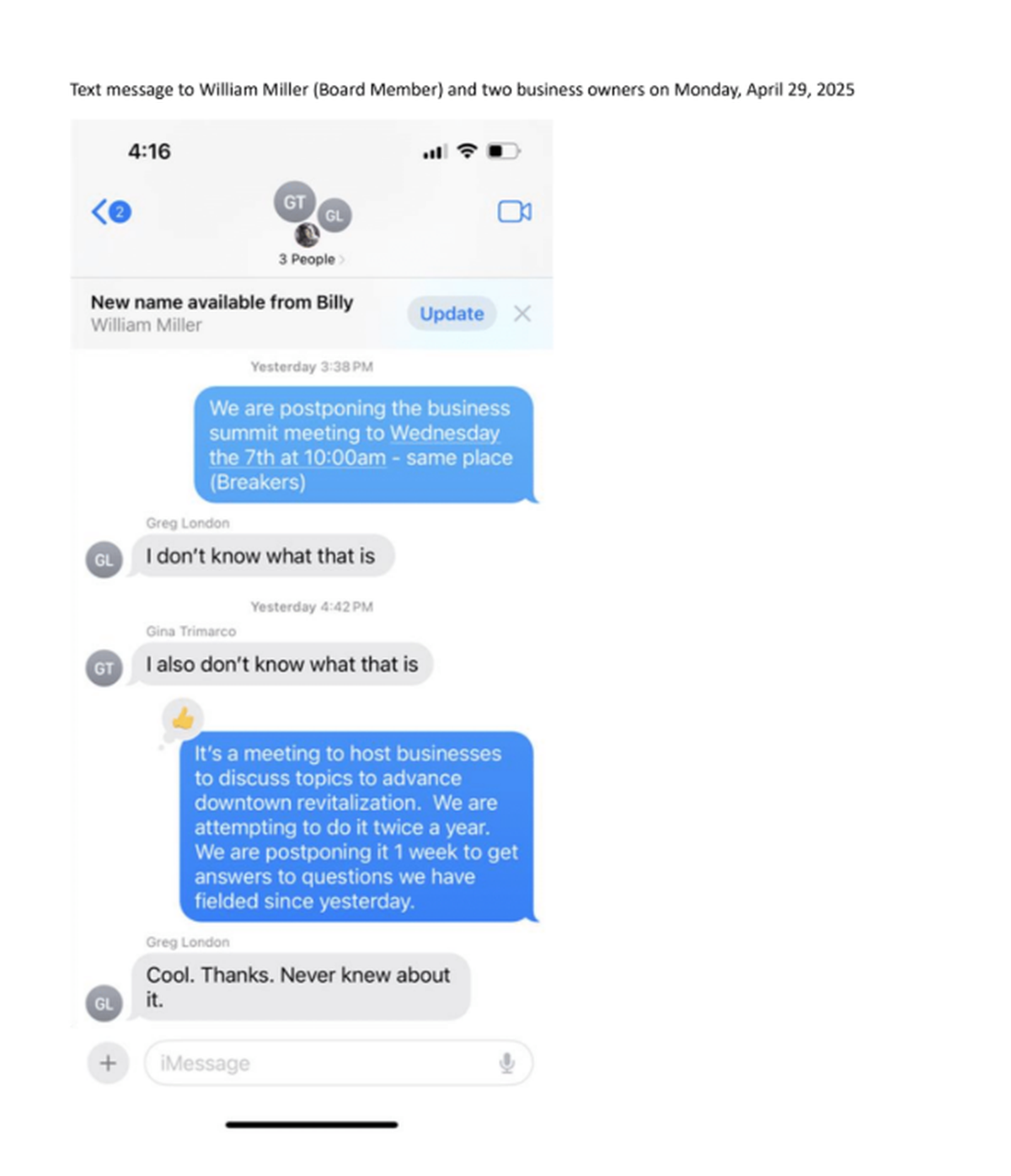 A group chat thread between a MBDA board member, two business owners and CEO Jason Greene.