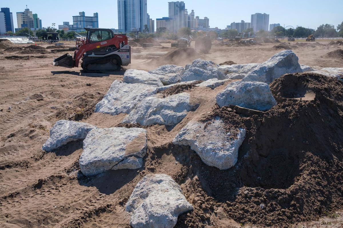 Concrete rubble is part of an obstacle at the 2004 Jeep Jam course. Preparations are being completed today for the 2024 Jeep Jam event being held at the former Myrtle Square Mall site this weekend in Myrtle Beach. The event features a range of obstacles for Jeep owners to test their vehicles. Oct. 24, 2024.