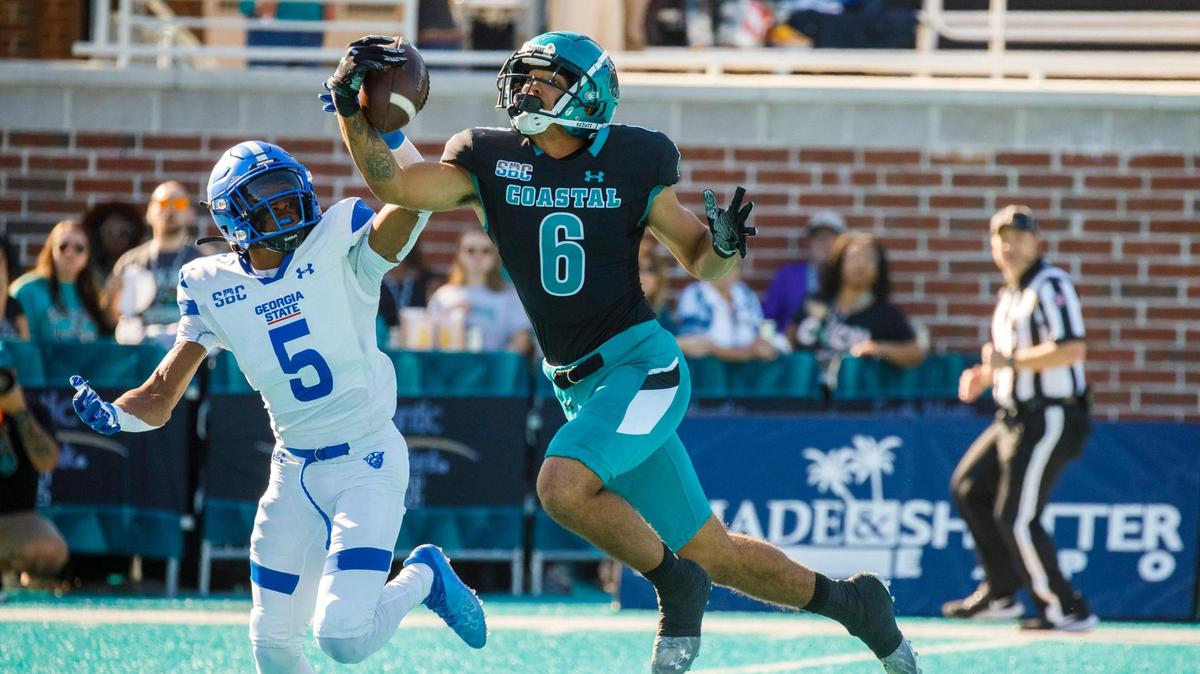 Coastal’s Jaivon Heiligh draws in a pass reception coming down on the 1-yard line against Georgia State in the first quarter on Saturday. Coastal Carolina University host Georgia State for homecoming on Saturday. Nov. 13, 2021.