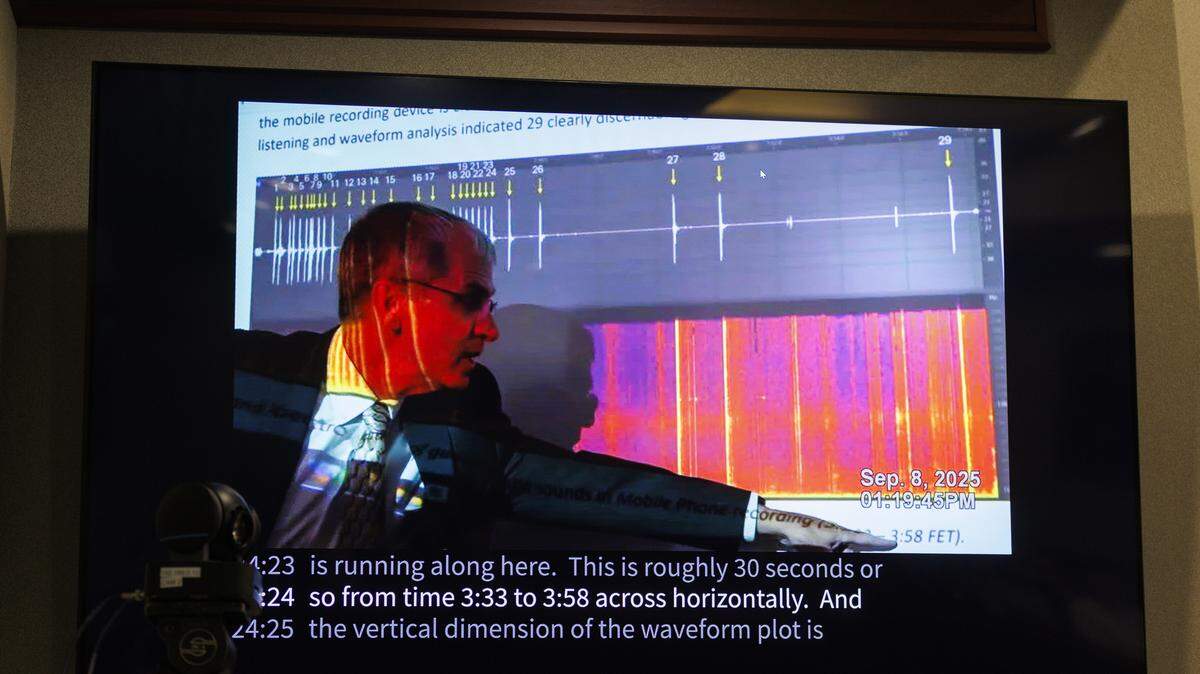 Robert C. Maher, a witness for Mark Tinsley on behalf of the Spivey family, gives an audio forensic analysis of the phone recordings of weapons fired during the time that Scott Spivey was shot on Camp Swamp Road. 
Day 4 of a Stand Your Ground hearing is being held for Weldon Boyd, owner of Buoys on the Boulevard, and Kenneth “Bradley” Williams in the shooting death of Scott Spivey. Boyd and Williams have been named in a wrongful death lawsuit by the Spivey family in his shooting death nearly three years ago. The hearing will determine if  the pair are granted immunity under South Carolina’s Stand Your Ground law. Feb. 20, 2026.