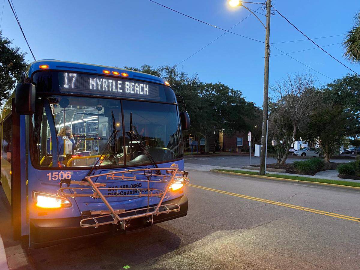 A Coast RTA bus at the Ivory Wilson Transfer Station in Myrtle Beach, preparing to embark on the inaugural route to North Myrtle Beach. 