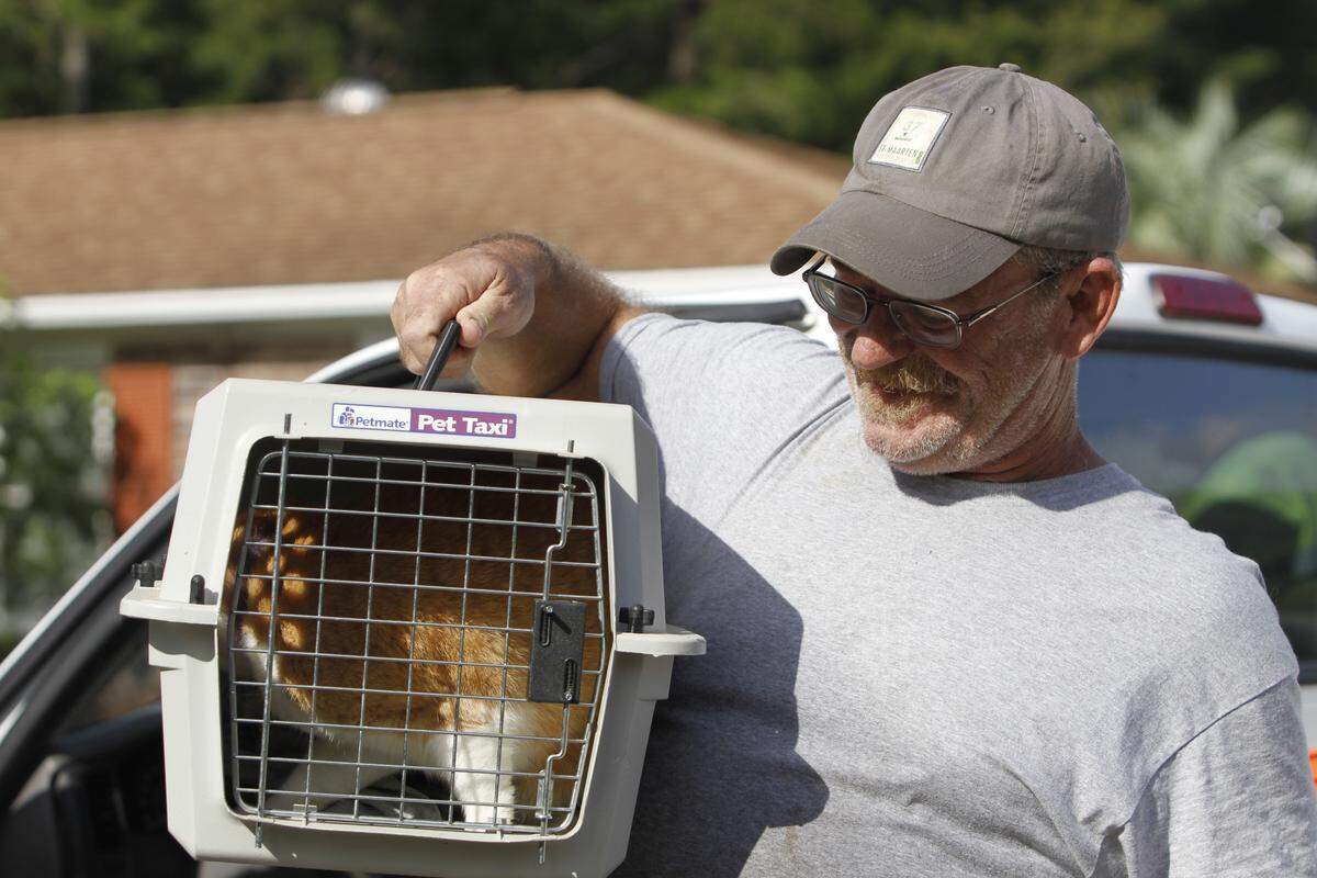 Phil Sherengos reunites with his cat, Sami Sami, after being separated since Sept. 14 when Hurricane Florence hit the coast. Sept. 24, 2018