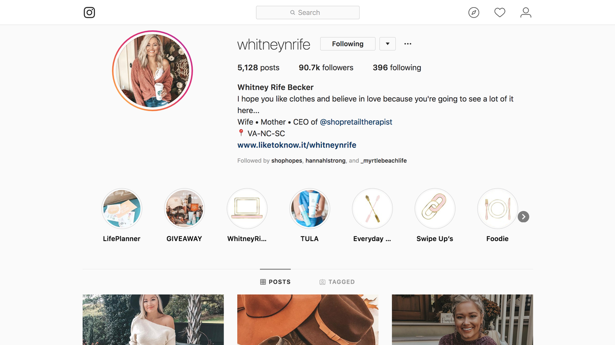 A screen shot of Whitney Rife’s Instagram page.