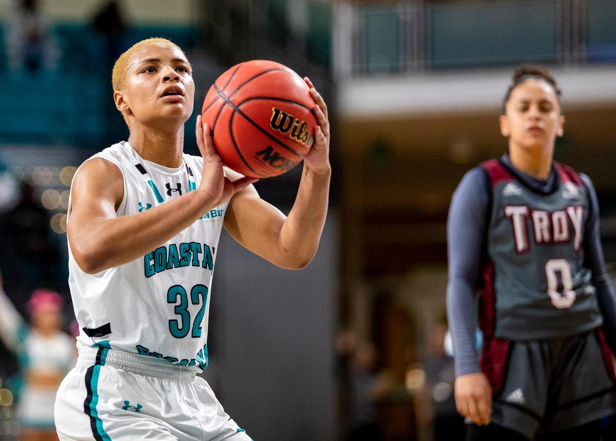 Coastal Carolina senior guard D.J. Williams prepares to take a free throw on Feb. 13 at the HTC Center in Conway vs. Troy. Williams finished the game with a school-record 51 points as the Chanticleers beat the Trojans 124-103.