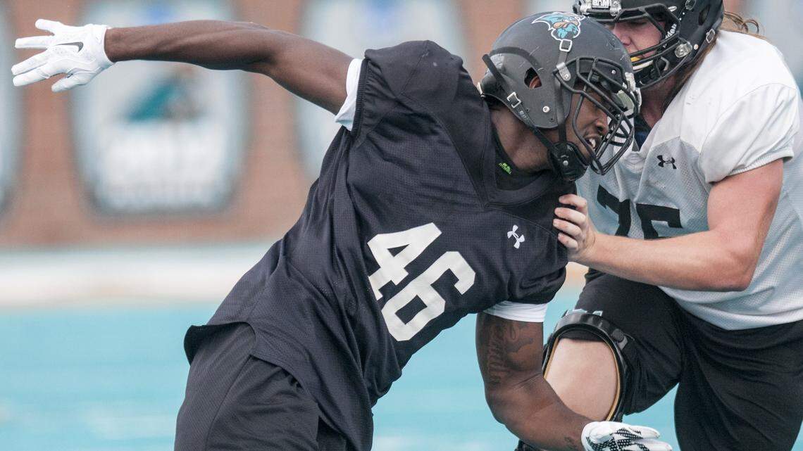 Miles White (46), a former junior defensive end at Coastal Carolina, was suspended indefinitely from the football team after an arrest.