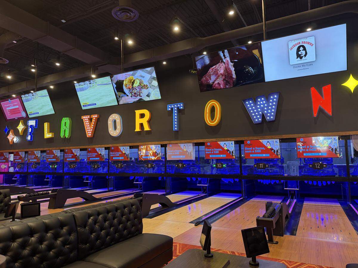 Guy Fieri’s Downtown Flavortown at Myrtle Beach Mall features a bowling alley with 14 lanes ready for duckpin bowling.