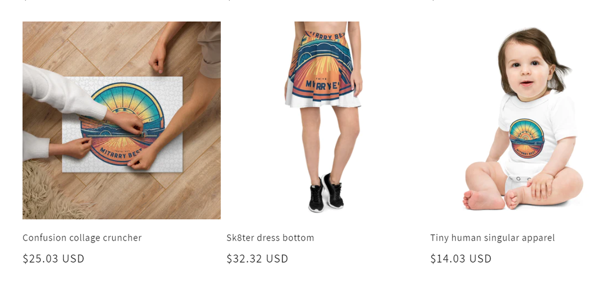 Items for sale featuring the AI-generated Mitarry Best logo. Visit Myrtle Beach used AI in a Reddit advertising campaign. Screenshot of website. Sept. 14, 2023.