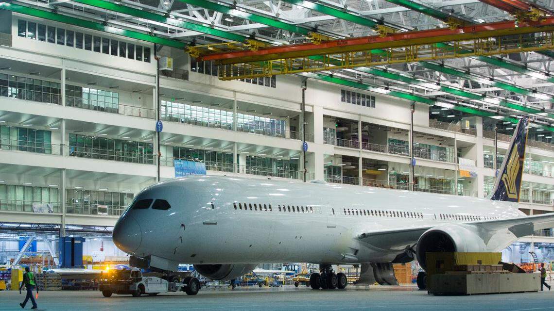 A Boeing 787 Dreamliner coming off the factory floor in North Charleston, South Carolina.