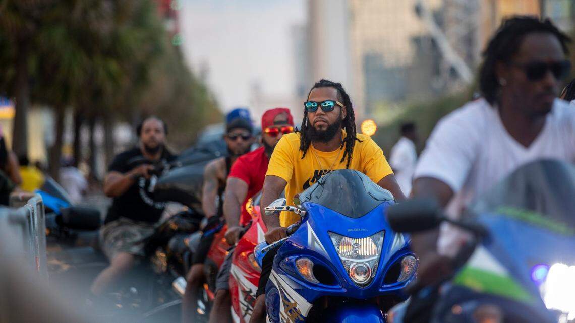 Bikers riding down the street during the 2022 Atlantic Beach Bike Fest. May 28, 2022.