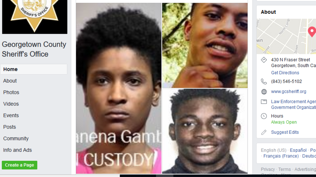 A screenshot from the Georgetown County Sheriff’s Office shows pictures of Janena Jametta Gamble, left, who’s been detained, and two wanted men, Jed Coleman, top right, and Eryk Smith.