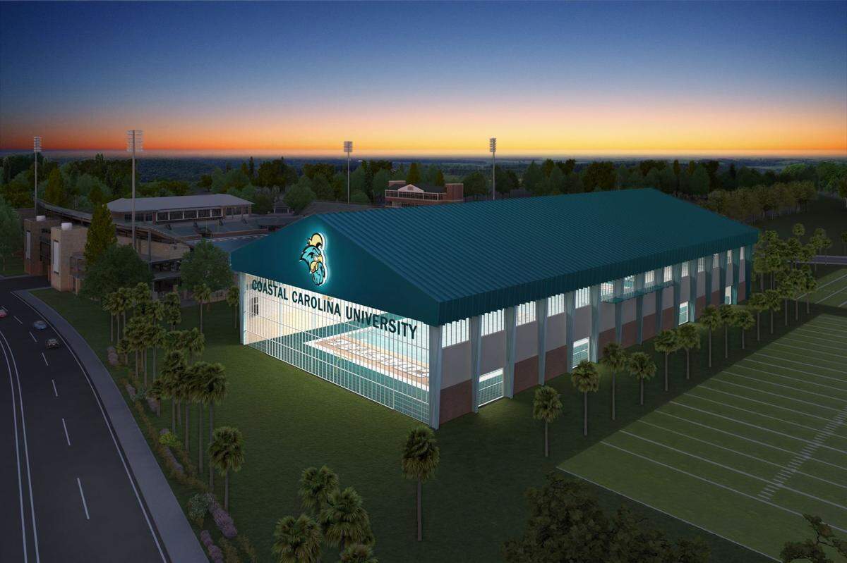 A preliminary rendering of a proposed indoor football practice facility on the Coastal Carolina campus in Conway.