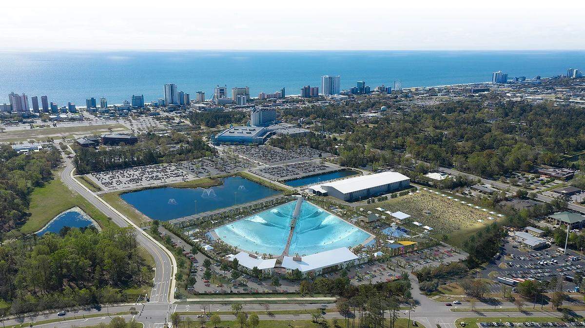 An artist’s rendering of a proposed man-made surf park expected to open in Myrtle Beach in summer 2024.