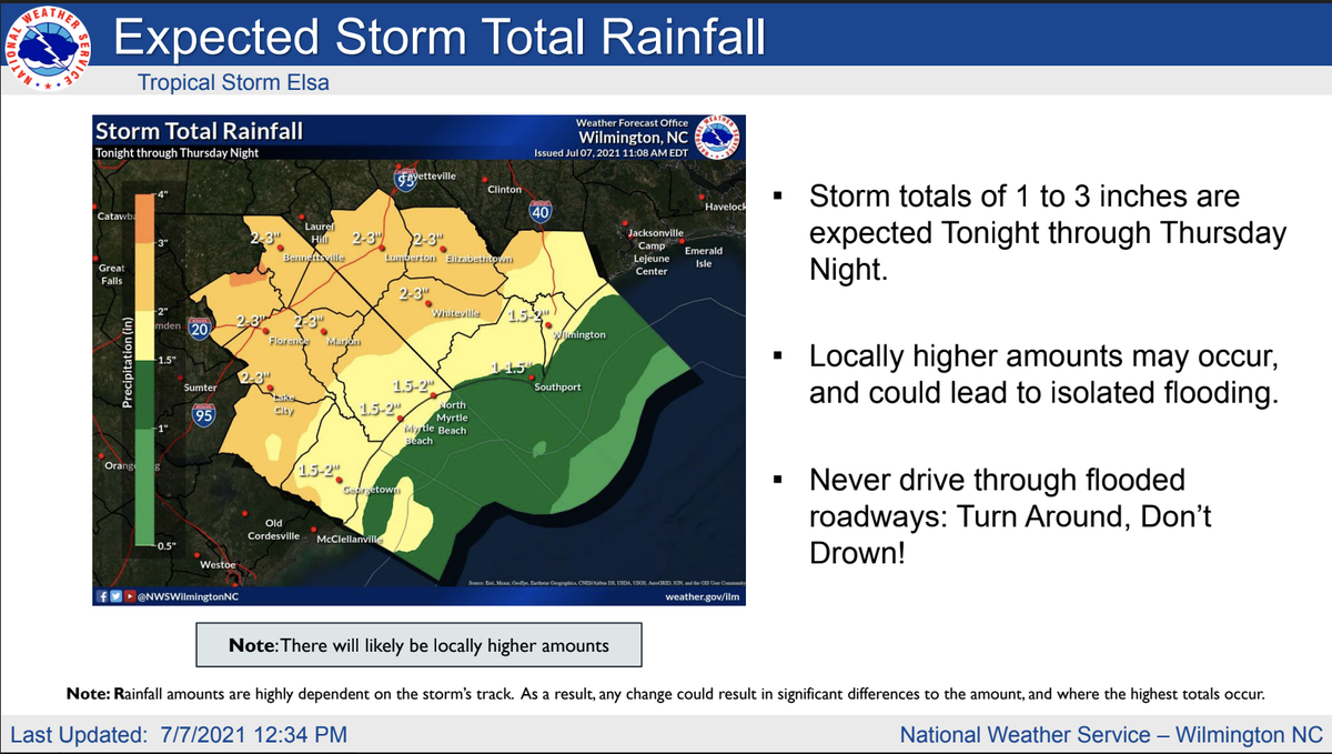 Tropical Storm Elsa is expected to arrive in Myrtle Beach on Wednesday night, July 7, 2021 with chances for flooding impacts in areas that see 2 or more inches of rain in a short period of time.