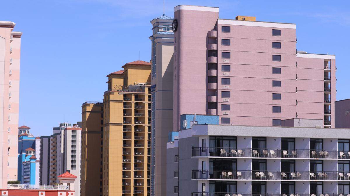 Hotels in Myrtle Beach fill the skyline along Ocean Boulevard on March 26, 2020.
