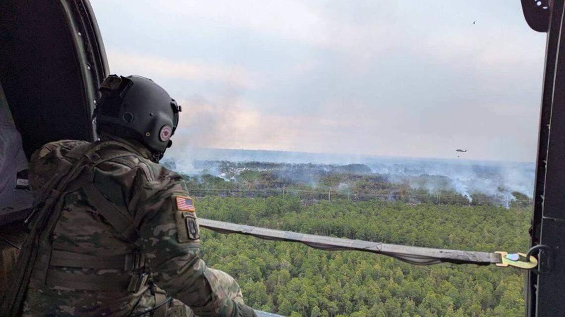 Blackhawk helicopters with the South Carolina National Guard began dropping water onto wildfires in the Myrtle Beach area Sunday, March 2, 2025.