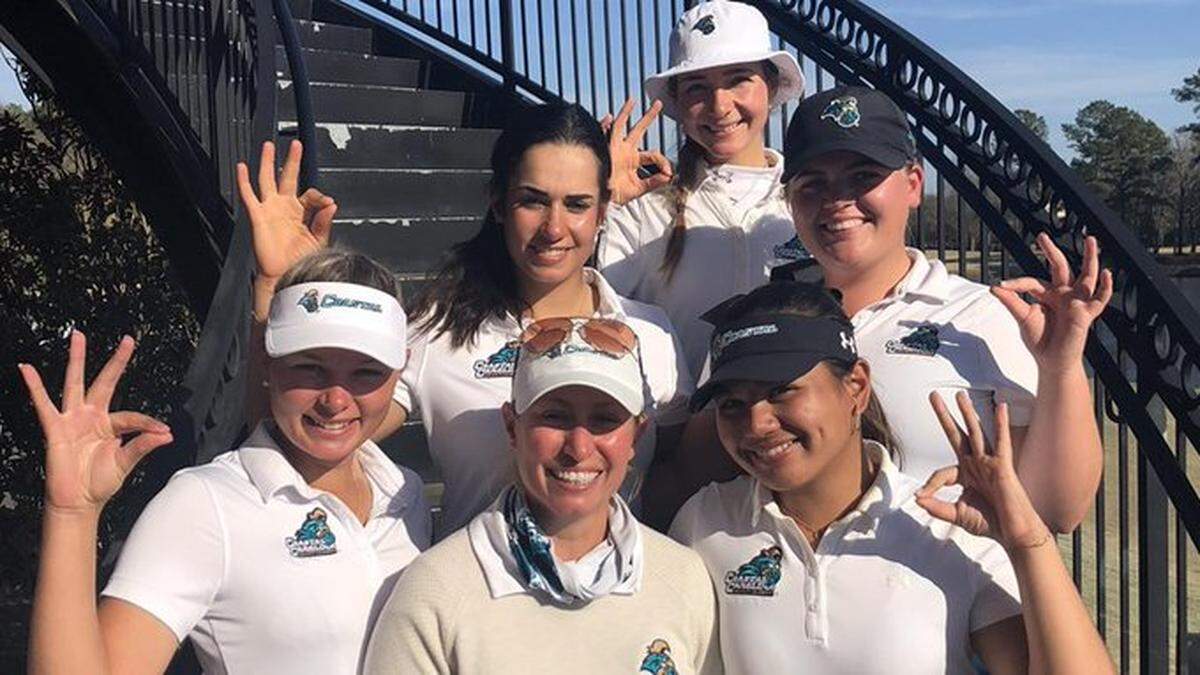 The Coastal Carolina women’s golf team following a record-setting performance at the River Landing Classic on Tuesday. Freshman Nicole Abelar (bottom right) set new CCU women’s golf 18-hole and 54-hole individual records.