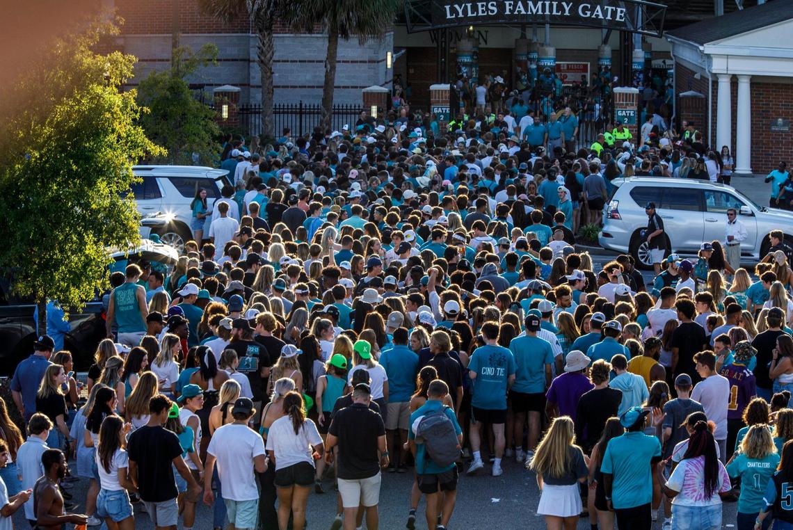 Coastal students stream into Brooks Stadium to watch the first home game of the 2021-22 season. Coastal Carolina University hosted The Citadel in game one of the 2021-22 season. Aug. 11, 2021.